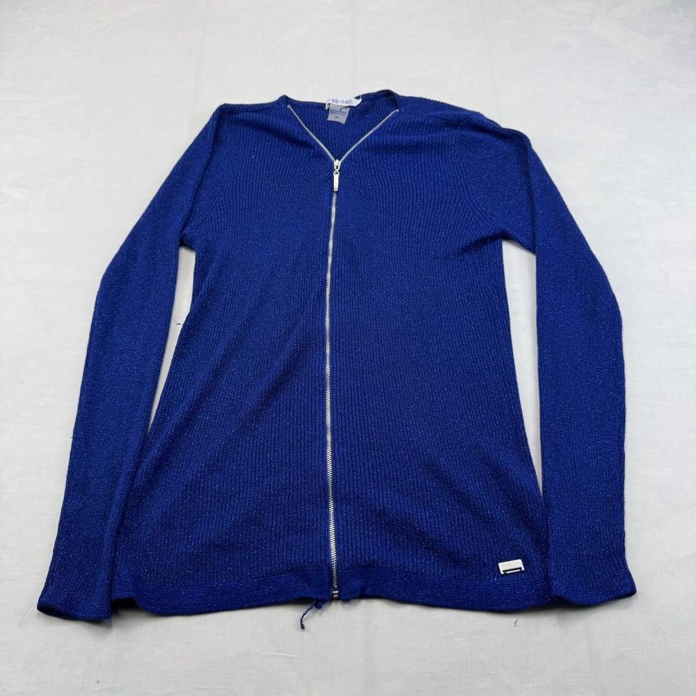 NYGÅRD Royal Blue Metallic Shimmer Full Zip Ribbed Cardigan Sweater Womens M